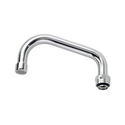Chrome faucet spout with curved design and threaded outlet connector.