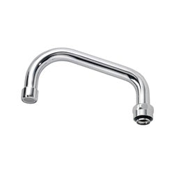 Chrome faucet spout with curved design and threaded outlet connector.