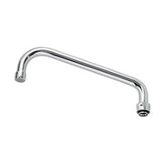 Silver chrome faucet spout with curved design and threaded connection ends.
