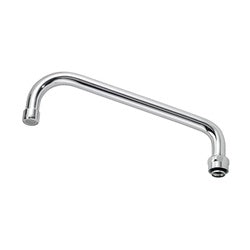 Silver chrome faucet spout with curved design and threaded connection ends.
