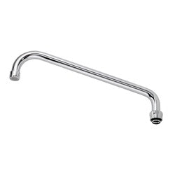 Polished chrome 12-inch curved spout with angled bend and circular outlet.