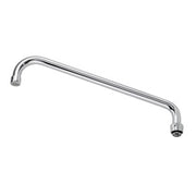 Chrome curved spout with 14-inch reach and threaded connection end.