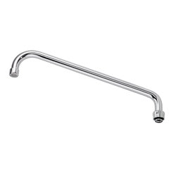 Chrome curved spout with 14-inch reach and threaded connection end.