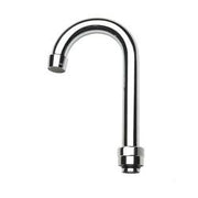 Silver gooseneck faucet spout with curved arch and threaded base connection.