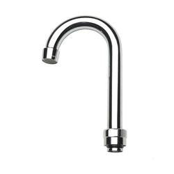 Silver gooseneck faucet spout with curved arch and threaded base connection.