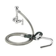 Chrome wall-mounted pot filler faucet with curved spout and coiled hose attachment.