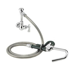 Chrome wall-mounted pot filler faucet with curved spout and coiled hose attachment.