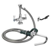 Chrome pot filler faucet with articulated arm, coiled hose, and foot pedal control mounted on deck base.