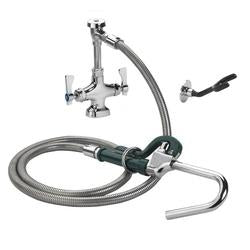 Chrome pot filler faucet with articulated arm, coiled hose, and foot pedal control mounted on deck base.