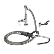 Stainless steel deck-mount pot filler with curved spout, flexible hose, and lever handle.