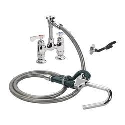 Chrome deck mount pot filler with dual handles, flexible hose, and curved spout arm.