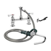 Stainless steel deck-mount pot filler faucet with dual handles, curved spout, and coiled hose with spray head.