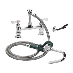 Stainless steel deck-mount pot filler faucet with dual handles, curved spout, and coiled hose with spray head.