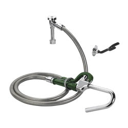 Stainless steel pot filler faucet with curved arm, green handle, and coiled hose attached.