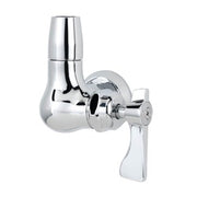 Chrome wall-mounted pre-rinse faucet base with single spout and lever handle.