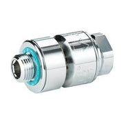 Chrome vacuum breaker with threaded connections and turquoise seal ring.