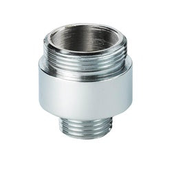 Metal adapter with white cylindrical body and threaded metallic connectors on both ends.