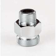 Krowne hose adapter with two male NPT threads, chrome-plated brass connector on white background.