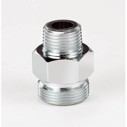 Krowne hose adapter with two male NPT threads, chrome-plated brass connector on white background.