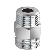 Chrome metal hose adapter with threaded male NPT connections on both ends.