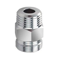 Chrome metal hose adapter with threaded male NPT connections on both ends.