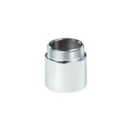 Chrome and white cylindrical spout adapter with threaded metal connection ring.