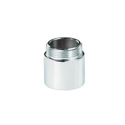Chrome and white cylindrical spout adapter with threaded metal connection ring.