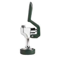 Chrome and green pre-rinse spray head with articulating arm and weighted base.