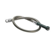 Coiled stainless steel pre-rinse hose with black grip handle and metal connector fittings.