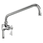 Chrome add-on faucet with 14-inch curved spout and single lever handle.