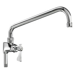 Chrome add-on faucet with 16-inch curved spout and single lever handle.
