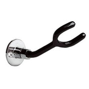 Wall-mounted hook with chrome circular base plate and black plastic-coated curved arm with dual prongs.