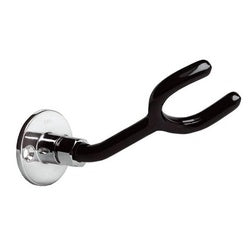 Wall-mounted hook with chrome circular base plate and black plastic-coated curved arm with dual prongs.