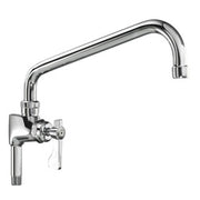 Chrome add-on faucet with 8-inch curved spout and single lever handle.