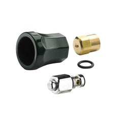 Black plastic spray head housing, brass connector, chrome valve stem, and rubber gasket components displayed separately.