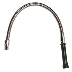 Stainless steel flexible hose with black grip handle and threaded connectors.