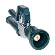 Dark green and silver pre-rinse spray valve with dual handles and wide nozzle opening.