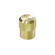 Brass shower spray head with multiple small holes arranged in circular pattern on top surface.