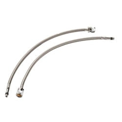 Stainless steel curved supply lines with compression fittings at both ends for deck mount faucet installation.