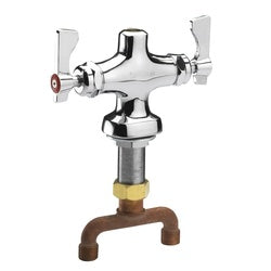 Deck mount pre-rinse base with chrome spout, dual cross handles, and brown foot stand.