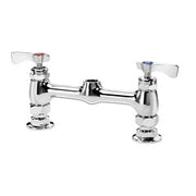Chrome deck mount faucet with two lever handles and pre-rinse spray base, 8-inch center.