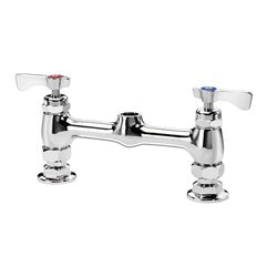 Chrome deck mount faucet with two lever handles and pre-rinse spray base, 8-inch center.