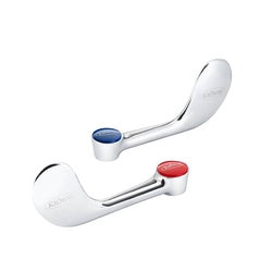 Two wrist blade handles with curved white arms and colored round buttons, one with blue button and one with red button.
