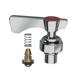 Chrome hot water stem assembly with red handle, spring, and brass connector for Fisher faucets.