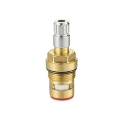 Brass ceramic cartridge valve with chrome top stem and threaded connection base.