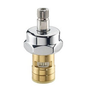 Chrome and brass ceramic cartridge valve with quarter-turn stem and grooved grip collar.