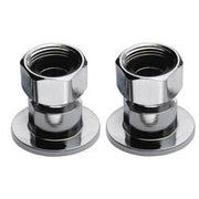 Two silver and black metal coupling flanges with threaded connectors and circular bases.