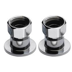 Two silver and black metal coupling flanges with threaded connectors and circular bases.
