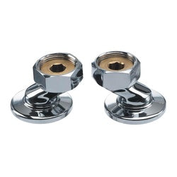 Two chrome supply inlet valves with brass centers and adjustment handles on circular bases.