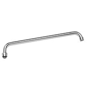 Chrome 16-inch curved faucet spout with angled end and threaded connection.